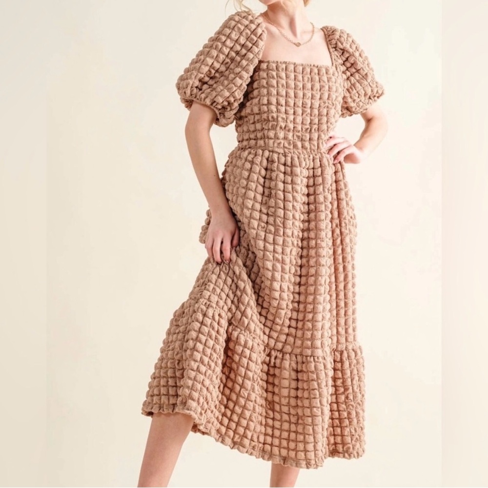 Simply Southern Textured Square Neck Puff Sleeve Women's Dress Large